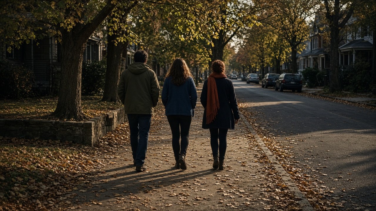Three friends walking down a street